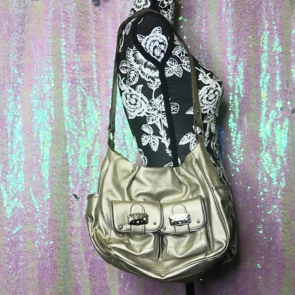 Y2K SATCHEL BAG Kathy New Zealand Light Gold Metallic Handbag 90s Pockets Winter - Picture 3 of 13